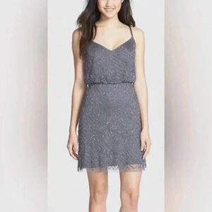 ADRIANNA PAPELL Blouson Beaded Spaghetti Strap Grey Cocktail Dress